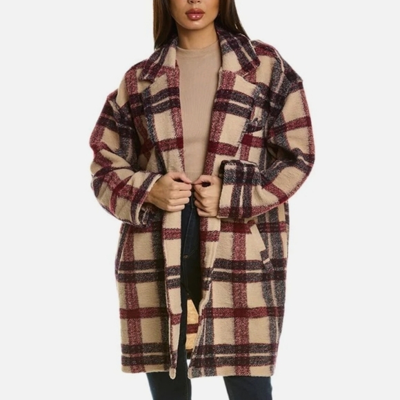 Blank NYC Cream Maroon Wool Oversized Go Ahead Plaid Longline Teddy Jacket L NWT